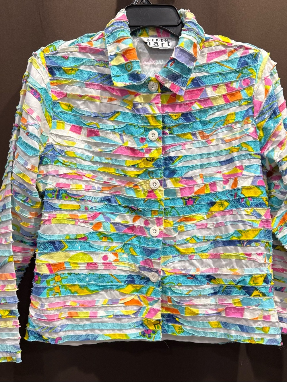 KEREN hart Aqua Pink Yellow Striped Textured Button Jacket, Size Medium